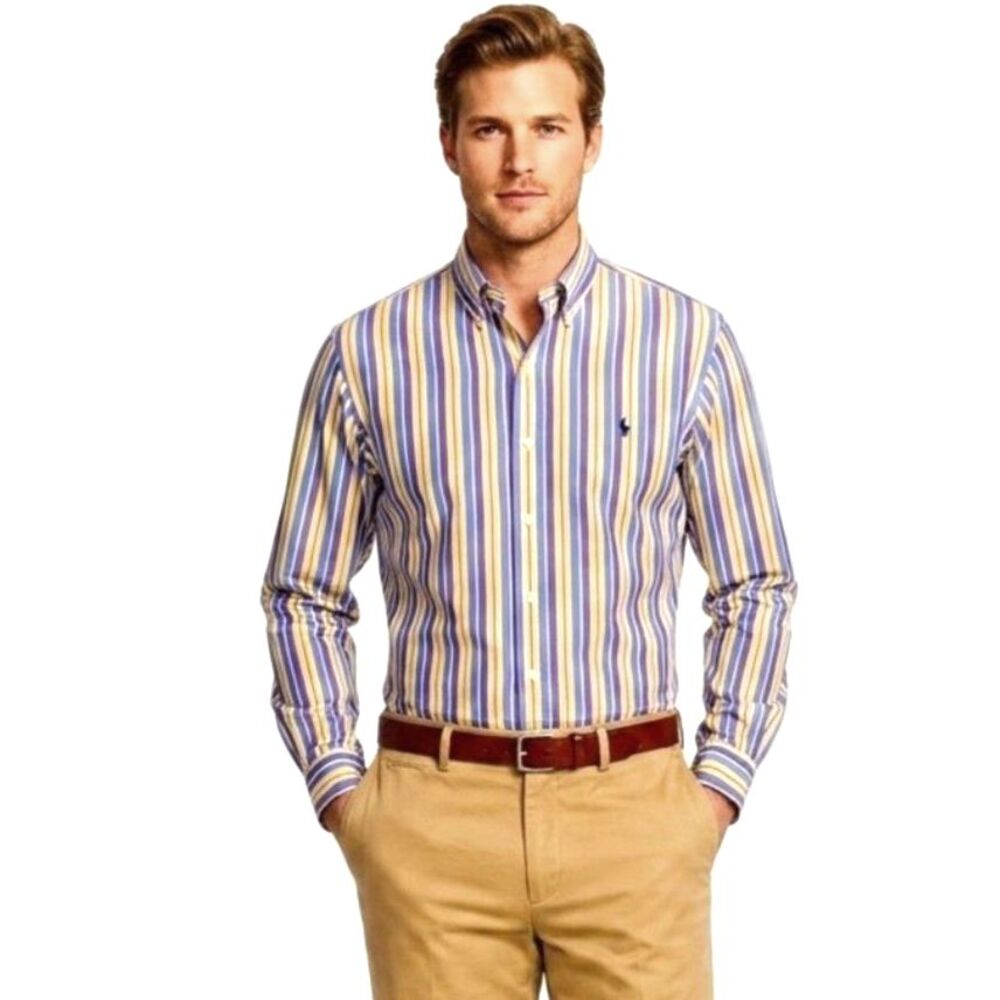 Ralph Lauren Men's Blue Yellow Stripe Vintage LS Buttondown Dress Shirt Size L